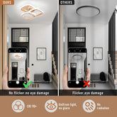 Comparison of a modern ceiling light fixture with smartphone screens showing before and after effects.